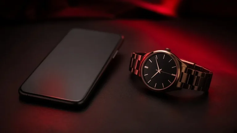 Kırmızı ışıkta akıllı telefon yanında duran çelik saat